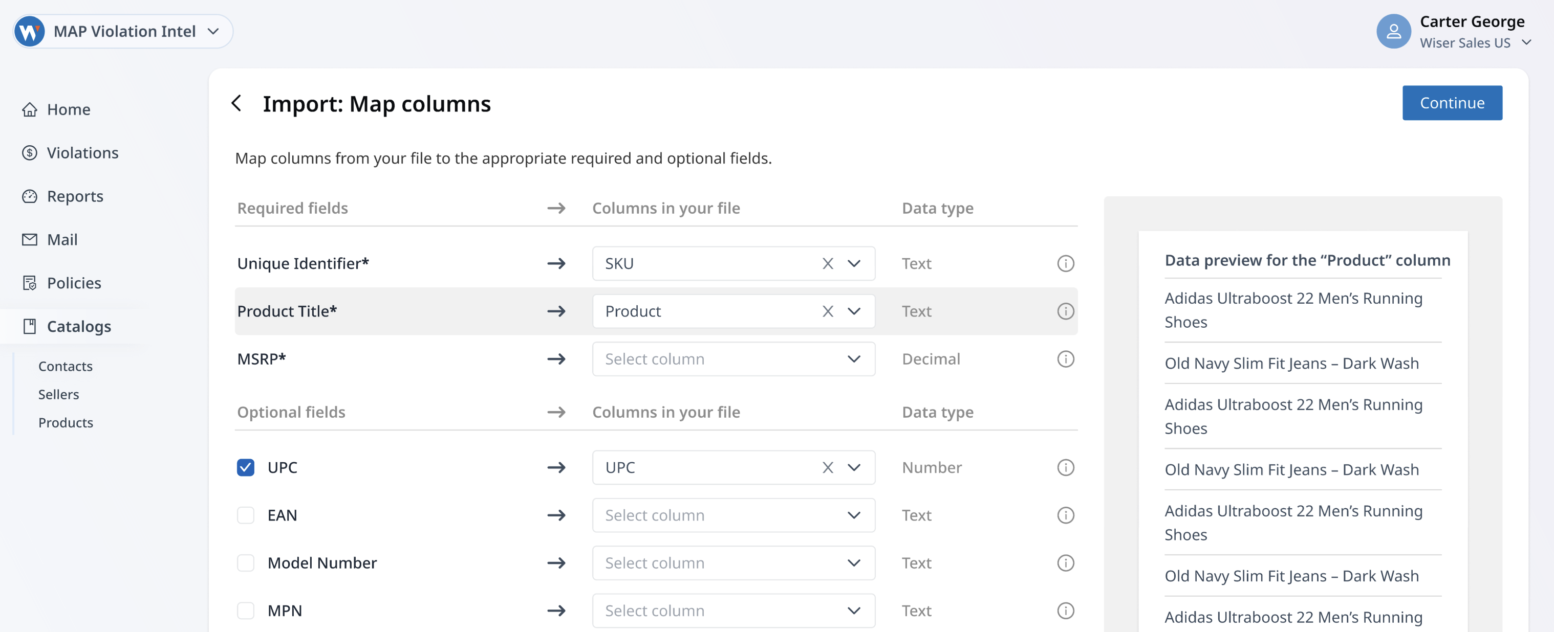 Mapping uploaded columns to product's data template